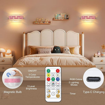 Lightess Pink Wall Sconce Battery Operated for Girls Room, LED Dimmable Wall Light Star, Cordless Wall Lamp for Children Bedroom Decor