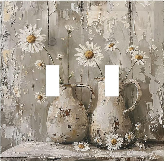 Decorative Switch Plates Vintage Rustic Floral White Daisy Flower Oil Painting Style 2 Gang Double Toggle Outlet Light Switch Cover Wall Plate Electrical Faceplate for Home Farmhouse Decor