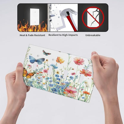Decorative Light Switch Cover Plate Rustic Wildflower Blue Pink Floral Butterfly 4 Gang Wall Plates for Electrical Outlets Quad Toggle Switch Plate Covers Outlet Covers for Bedroom Decor