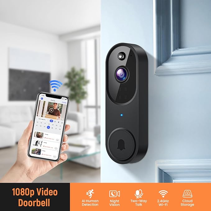 Smart Video Doorbell Camera Wireless, AI Human Detection and Instant Alerts, Night Vision, 2-Way Audio, Battery Powered, Cloud Storage Sold Seperately, 2.4G WiFi (Chime Included)