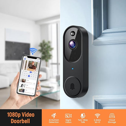 Smart Video Doorbell Camera Wireless, AI Human Detection and Instant Alerts, Night Vision, 2-Way Audio, Battery Powered, Cloud Storage Sold Seperately, 2.4G WiFi (Chime Included)