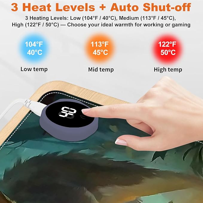 Small Heated Desk Pad 23.6" x 14.2" – Compact Electric Mouse Pad with 3 Heating Levels, Auto Shut-Off, Waterproof PU Surface, Plug-in Warmer for Office or Home Use, Forest Wolves