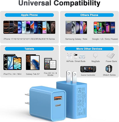 [20W/2Pack] Fast Charger Block, USB C Wall Charger, Charger Cube, Dual Port PD Fast Charging Block Brick Compatible for Watch Series 10 iPhone 16 17 Pro Max Airpod Brick Plug Power Adapter, Blue