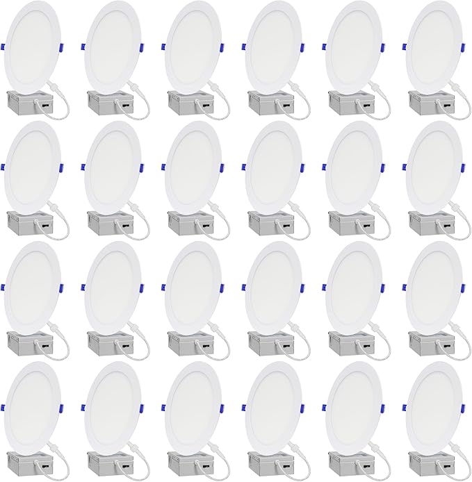 LAMPHOME 24-Pack of 8-Inch Slim LED Recessed Lights with Junction Box, Adjustable Color Temperatures (2700K-5000K), 18W Equivalent to 125W, Dimmable, 1600LM Brightness - ETL and Energy Star Certified