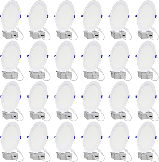 LAMPHOME 24-Pack of 8-Inch Slim LED Recessed Lights with Junction Box, Adjustable Color Temperatures (2700K-5000K), 18W Equivalent to 125W, Dimmable, 1600LM Brightness - ETL and Energy Star Certified