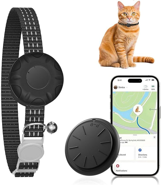 GPS Tracker, Waterproof Pet Tracker for Cats, Cat GPS Tracker Collar with Safety Elastic Buckle, Compatible with Apple Find My App (Only iOS), No Monthly Fee (Black Tracker, Cat Collar)
