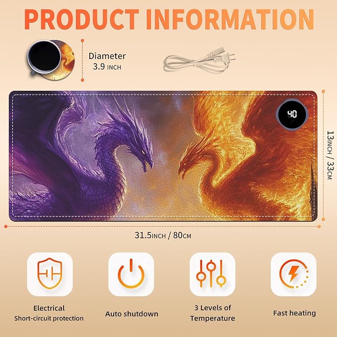 Heated Mouse Pad 31.5x13 in 3-Temp Fast Heating Desk Mat with Auto Timer Warmer for Hands Wrist Pain Relief Waterproof Keyboard Mat for Office, Gaming, Home, Dragon Battle Art