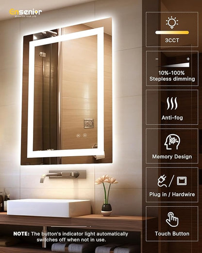 Ensenior LED Bathroom Mirror 30"x 36" with Front and Backlight, Stepless Dimmable Wall Mirrors with Anti-Fog, Shatter-Proof, Memory, 3 Colors, Modern LED Vanity Mirror-FCC