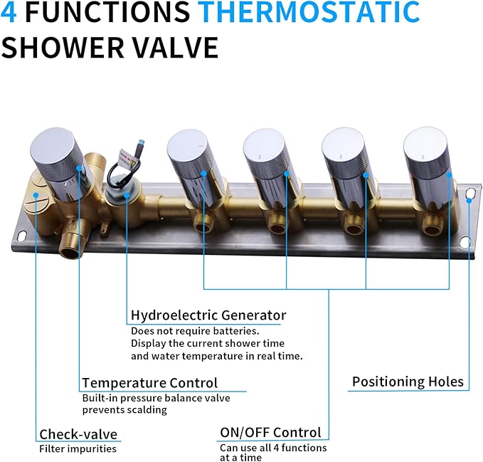 Chrome 4 Function Wall Mount Shower Control Mixer Valve Multi Function Shower Temperature Digital Display 4 Way Pressure Balance Valve Trim Kit Flow Control