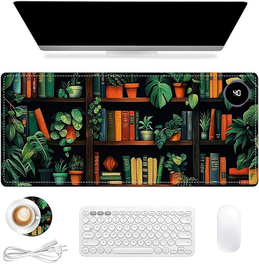 Heated Mouse Pad 31.5x13 in 3-Temp Fast Heating Desk Mat with Auto Timer Warmer for Hands Wrist Pain Relief Waterproof Keyboard Mat for Office, Gaming, Home, Bookshelf Jungle