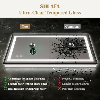 40X32 Inch LED Bathroom Mirror with Lights, Black Frame Frontlit+ Backlit Bathroom Vanity Mirror for Wall, Ultra-Clear Tempered Glass, Shatter-Proof, Anti-Fog and Memory Function, ETL Listed
