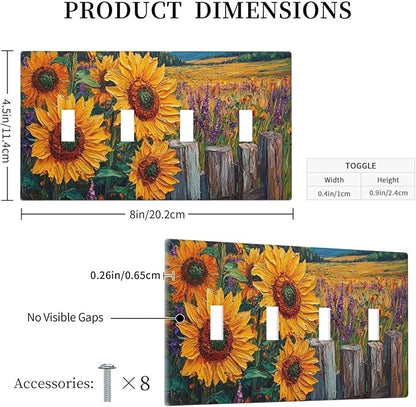 Decorative Light Switch Cover Plate Rustic Wilderness Sunflower Lavender Muzha Oil Painting 4 Gang Wall Plate Oversized Quad Toggle Switch Cover Plate Jumbo Faceplate