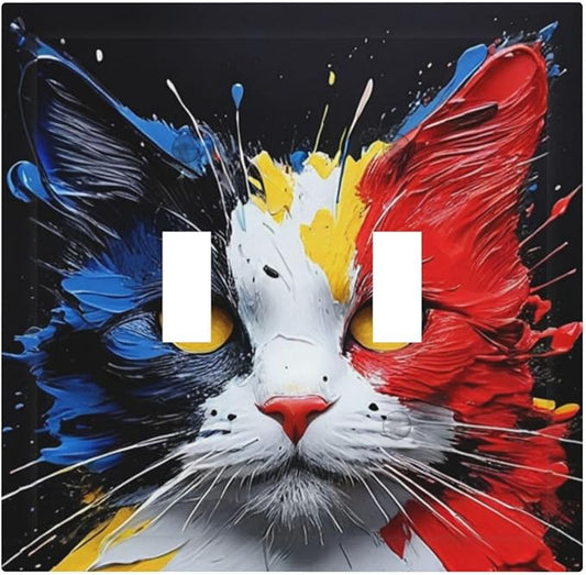 Decorative Light Switch Cover Plate Colorful Doodle Cute Funny Black Red White Cat 2 Gang Wall Plate Oversized Double Toggle Two Switch Wall Cover Plate Dual Faceplate