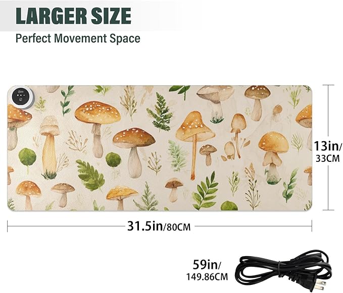 Heated Desk Pad Mouse Pad 31.5x13 Inch PU Leather Desk Mat with 3 Heat Levels Large Mouse Gaming Computer Laptop Mat Watercolor Mushrooms Beige