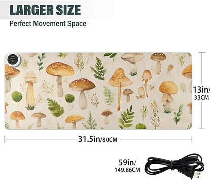 Heated Desk Pad Mouse Pad 31.5x13 Inch PU Leather Desk Mat with 3 Heat Levels Large Mouse Gaming Computer Laptop Mat Watercolor Mushrooms Beige