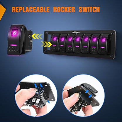 Nilight 8 Gang Rocker Switch Panel with Purple LED Light 5 Pin On Off Pre-Wired Aluminum Toggle Switches Waterproof for 12V/24V Cars Marine Boats ATVs Trailers RV Trucks