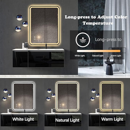 Niccy LED Bathroom Mirror, 32"x20" Rectangle Wall Mounted Vanity Mirrors with Metal Frame, Anti Fog Dimmable Smart Mirror for Bathroom/Bedroom/Livingroom/Entryway, (Horizontal or Vertical),Gold