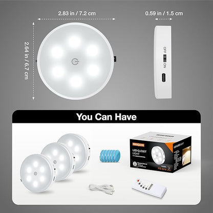Puck Lights with Remote Control,1000mAh Rechargeable Under Cabinet Lighting,LED Closet Lights,3Pack Night Light,Cordless Stick On Lights for Under Cabinet,Hallway, Stairway,Closet (Cool White)