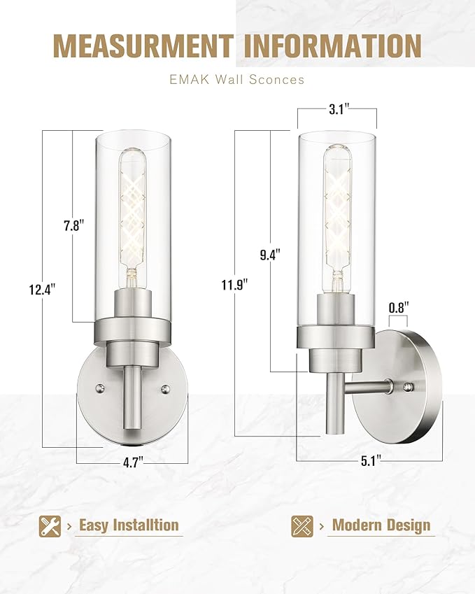 Emak Modern Wall Lights, Brushed Nickel Wall Sconces Set of 2, Bathroom Vanity Light with Clear Glass Shade for Bathroom, Bedroom, Living Room, Hallway, WS085-BN-2PK