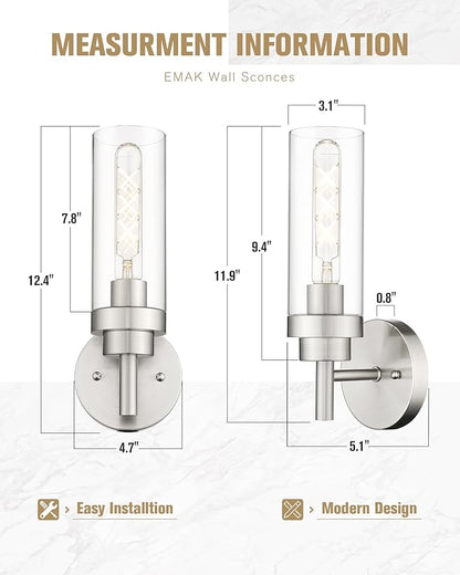 Emak Modern Wall Lights, Brushed Nickel Wall Sconces Set of 2, Bathroom Vanity Light with Clear Glass Shade for Bathroom, Bedroom, Living Room, Hallway, WS085-BN-2PK