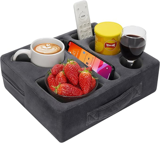 G GOOD GAIN Couch Cup Holder Pillow-Sofa Cup Holder Cozy Buddy | Bed Drink Caddy Holds Tablet, Remote, Snacks | Waterproof Anti-Spill Sofa Beverage Tray for Car, Park, Beach, Picnic, Boat, RV(Grey)