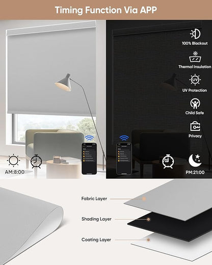 Kincmo Motorized Blinds with Remote,100% Blackout Motorized Roller Shades Work with Apple Homekit,Alexa,Google, Custom Electric Blinds with App,Voice Control (Pure Light Grey)