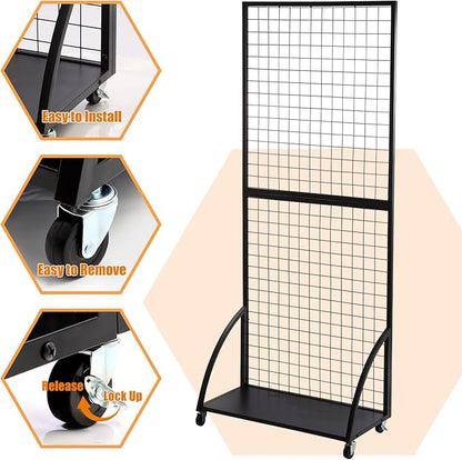 Eastern Tree Grid Wall Panels, Black Gridwall Panels Stand with Base Plate, Wire Grid Wall Panel Display with Wheels, Craft Show Display Rack, Retail Display with 20 Pieces Hooks, 2 Packs 2.5'x 6'