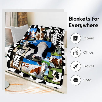 Custom Cow Blankets and Throws, Personalized Cow Gifts for Women Girls, Soft Fluffy Fuzzy Farmhouse Blanket Country Home Decor, 60"x80" Animal Pattern Throw for Bed Living Room