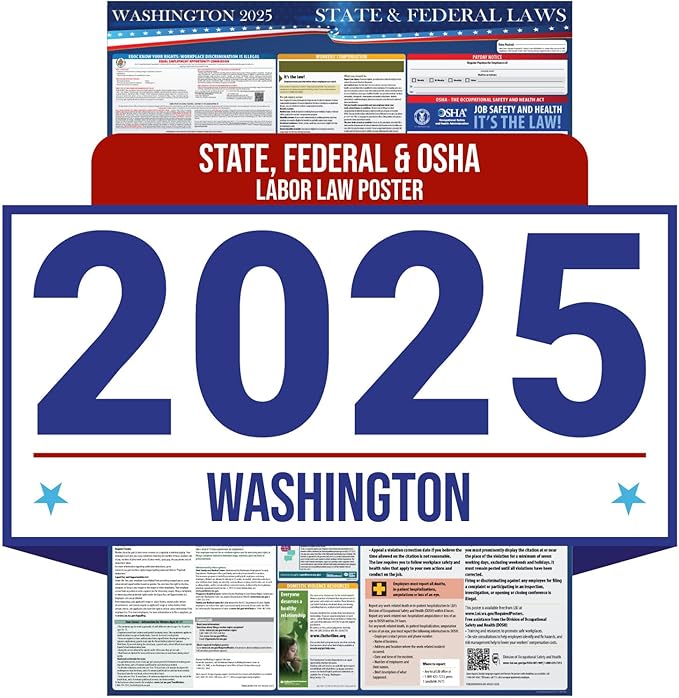 2025 Washington State and Federal Labor Law Poster - OSHA Workplace Compliant - Mandatory Regulations Posting for Employees - All-in-One Required Compliance Posting 16" x 40" - Laminated (English Poster)