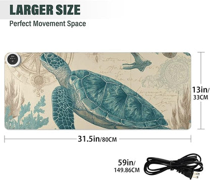 Heated Desk Pad Mouse Pad 31.5x13 Inch PU Leather Desk Mat with 3 Heat Levels Large Mouse Gaming Computer Laptop Mat Retro Sea Turtle Compass