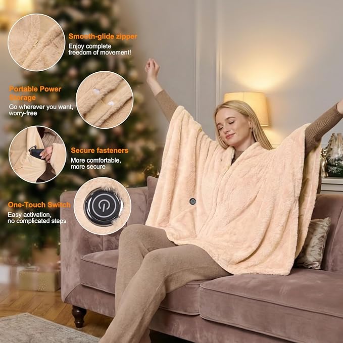 Cordless Heated Blanket Battery Operated with Fleece Lining 7.4V 16000mAh Battery Portable Wearable Heated Shawl for Women Men 6 Heating Zones 3 Fast-Heating Levels (Battery Included)