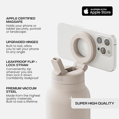 Ringo PRO Water Bottle with Magnetic Phone Mount & Sip Straw Lid - Insulated Stainless Steel Bottle for Workouts, Content Creation, Navigation & Facetime on the Go, 12Hrs Hot/24Hrs Cold Ivory-24oz