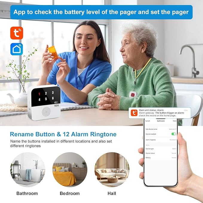 Life Alert Systems for Seniors No Monthly Fee, App-Controlled Caregiver Pager, LED Number Display 1Waterproof Wrist Remote Control 2Call Button 1Receiver(Only Supports 2.4GHz Wi-Fi)
