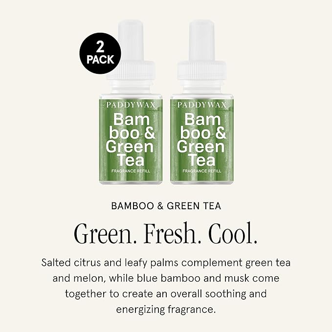 Pura & Paddywax Home Scent Refill - Smart Air Diffuser - Up to 120-Hours of Luxury Fragrance per Refill - Home Essential - Clean & Safe Diffuser Fragrance - 2 Pack, Bamboo & Green Tea