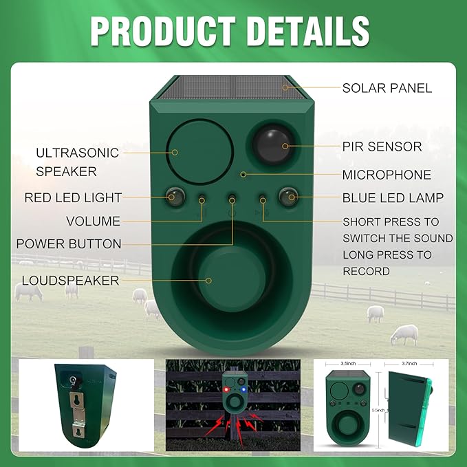ChunHee Solar Outdoor Motion Sensor Alarm with Dog Barking Alarm Sound, Support Recording and Adjustable Volume, 129db Loud Noise Maker 4 Work Modes Strobe Light for Home, Villa, Farm, Barn (1pack)