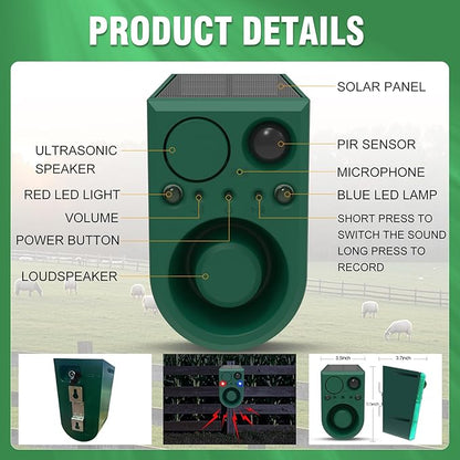 ChunHee Solar Outdoor Motion Sensor Alarm with Dog Barking Alarm Sound, Support Recording and Adjustable Volume, 129db Loud Noise Maker 4 Work Modes Strobe Light for Home, Villa, Farm, Barn (1pack)