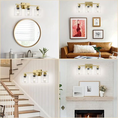 Modern Brushed Gold 3 Light Bathroom Light Fixtures, 19 inch Vanity Lights for Bathroom with Clear Glass, Bathroom Lighting Fixtures Over Mirror for Mirror Kitchen Living Room