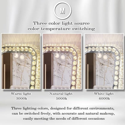 Hollywood Crystal Vanity Mirror with Lights 3 Color Adjustable Brightness Light 360° Rotation Large Crystal Lighted Vanity Mirror for Tabletop Desk Crystals LED Makeup Mirror with Lights