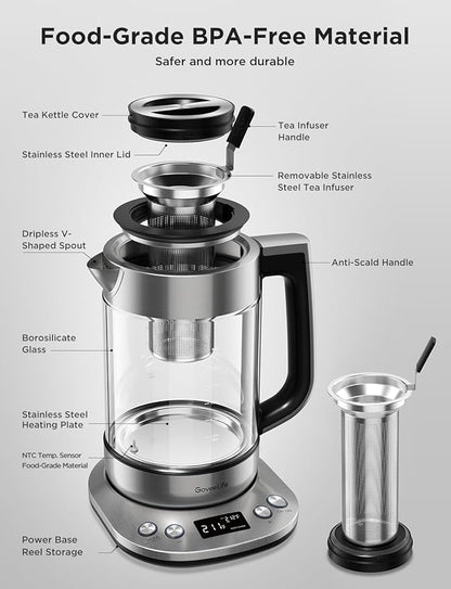 GoveeLife Smart Electric Kettle with Tea Infuser for Loose Leaf, 1.7 L Electric Tea Kettle with Brewing Program, Variable Temperature Control, 2 H Keep Warm & Auto Shut off, BPA Free, Sliver