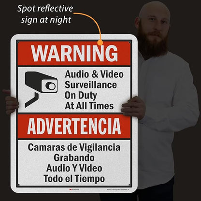 SmartSign 30 x 24 inch “Warning - Audio & Video Surveillance On Duty At All Times” Bilingual Sign, 80 mil Aluminum, 3M Laminated Engineer Grade Reflective Material, Red, Black and White, USA-Made