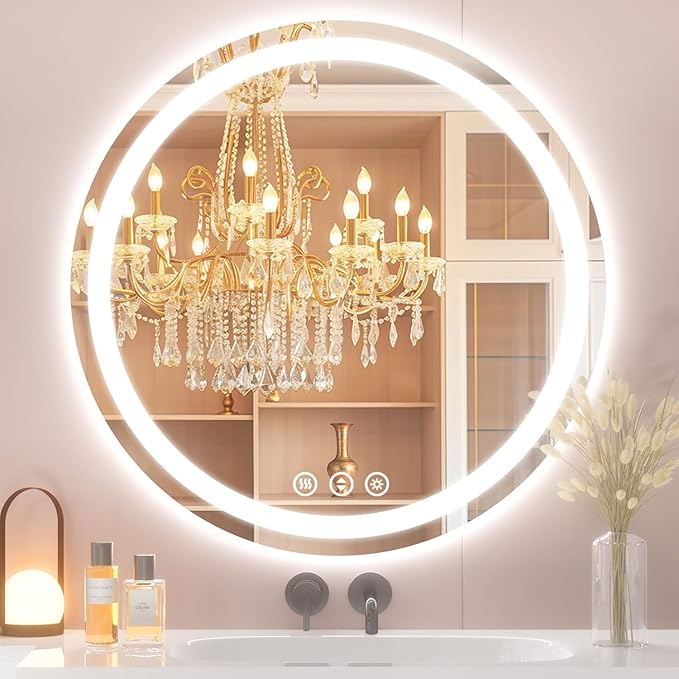 Led Bathroom Mirror with Lights, Anti-Fog & Tri-Color Lighting - Wall Mounted Shaving Mirror with Touch Sensor, Waterproof Smart LED Vanity Mirror Tempered Glass Dimmable (24" L x 24" W)
