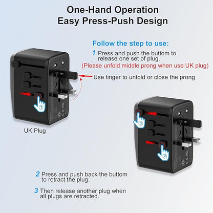 Universal Travel Adapter, PD 35W 7 in 1 International Power Plug Adapter with 7.0A 4 USB-C and 2 USB-A Fast Wall Charger, Worldwide AC Outlet for US Europe UK AUS (Black+Silver)