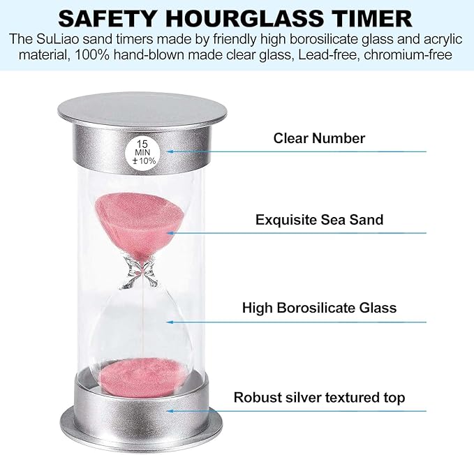 SuLiao 15 Minute Hourglass Timer Sand Clock, Unbreakable Pink Sand Watch 15 Min, Colorful Plastic Hour Glass Sandglass for Kids, Games, Decor, Classroom, Kitchen, Toothbrush Timer