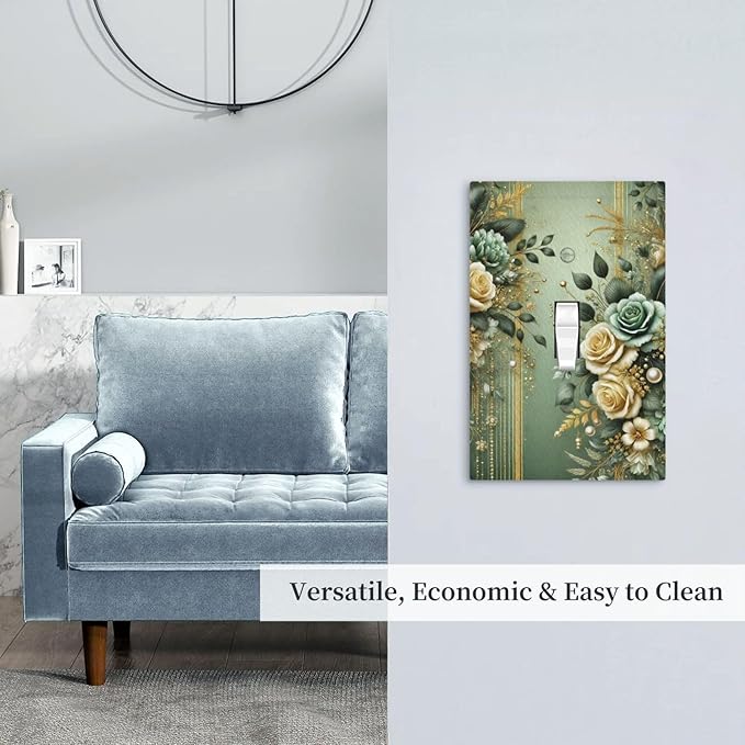 Decorative Light Switch Cover Plate Rustic Green Floral Leaves Teal Flowers Gold Stripe 1 Gang Wall Plate Oversized Single Toggle Wall Cover Plate Jumbo Switchplate Faceplate