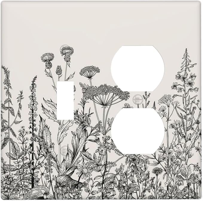 Decorative Outlet Covers Beige Skech Plant Leaves Flowers 2 Gang Wall Plate Cover Single Toggle Duplex Combo Two Switch Light Switch Cover Plate Jumbo Dual GFCI Faceplate