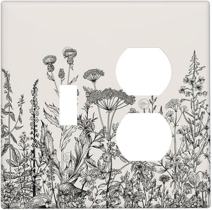 Decorative Outlet Covers Beige Skech Plant Leaves Flowers 2 Gang Wall Plate Cover Single Toggle Duplex Combo Two Switch Light Switch Cover Plate Jumbo Dual GFCI Faceplate