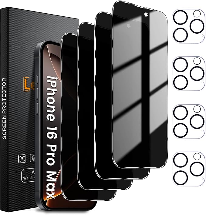 4+4 Pack Privacy Screen Protector for iPhone 16 Pro Max 6.9-Inch with 4 Pack Camera Lens Protector, Anti Spy Tempered Glass Film 9H Hardness Case Friendly