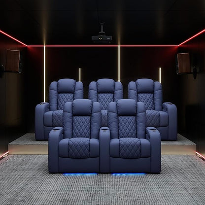 Weilianda Home Theater Seating Top Grain Leather Zero Gravity Recliner Chair Power Headrest Recline Movie Seat Gaming 7 Colors Mood Light Sofa with Tray Table USB Charge Row of 3 Loveseat Right Blue