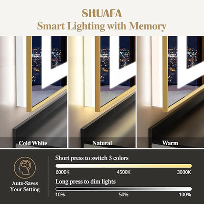 30X36 Inch LED Bathroom Mirror with Lights, Gold Frame Frontlit+ Backlit Bathroom Vanity Mirror for Wall, Ultra-Clear Tempered Glass, Shatter-Proof, Anti-Fog and Memory Function, ETL Listed