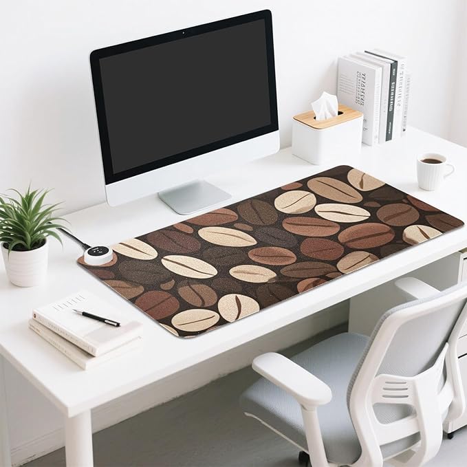 Heated Desk Pad Mouse Pad 31.5x13 Inch PU Leather Desk Mat with 3 Heat Levels Large Mouse Gaming Computer Laptop Mat Brown Vintage Coffee Beans